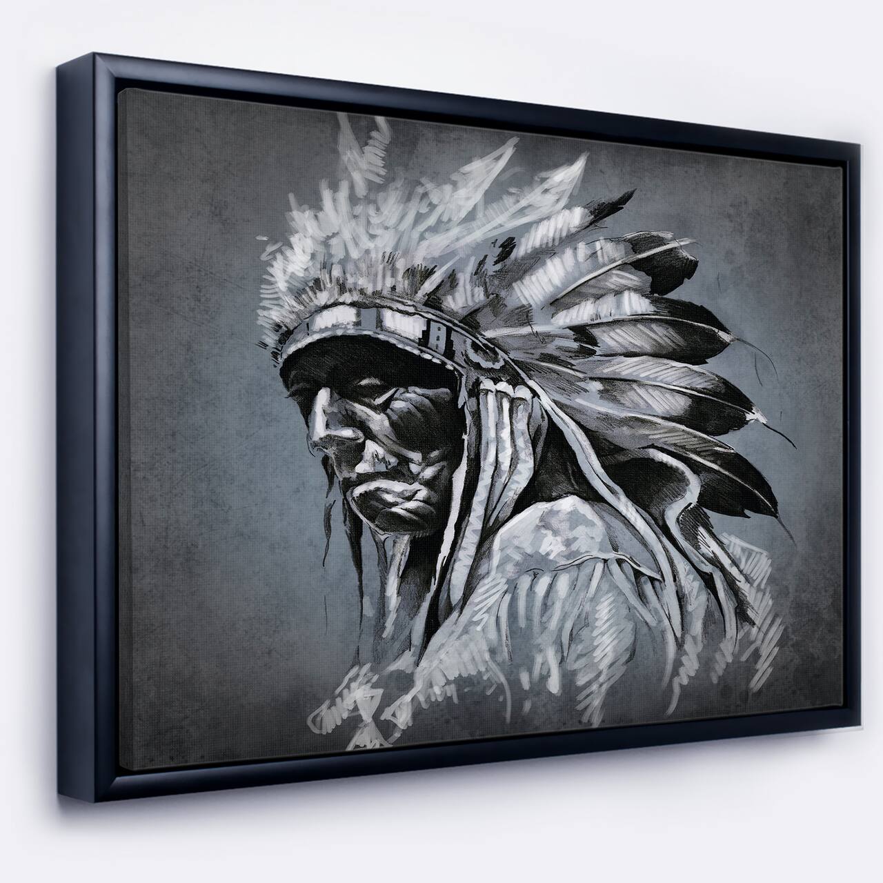 Designart - American Indian Tattoo Art - Portrait Canvas Print in Black Frame
